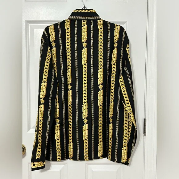 versace black and gold dress shirt Printed Silk Twill Regular Shirt Black,Gold